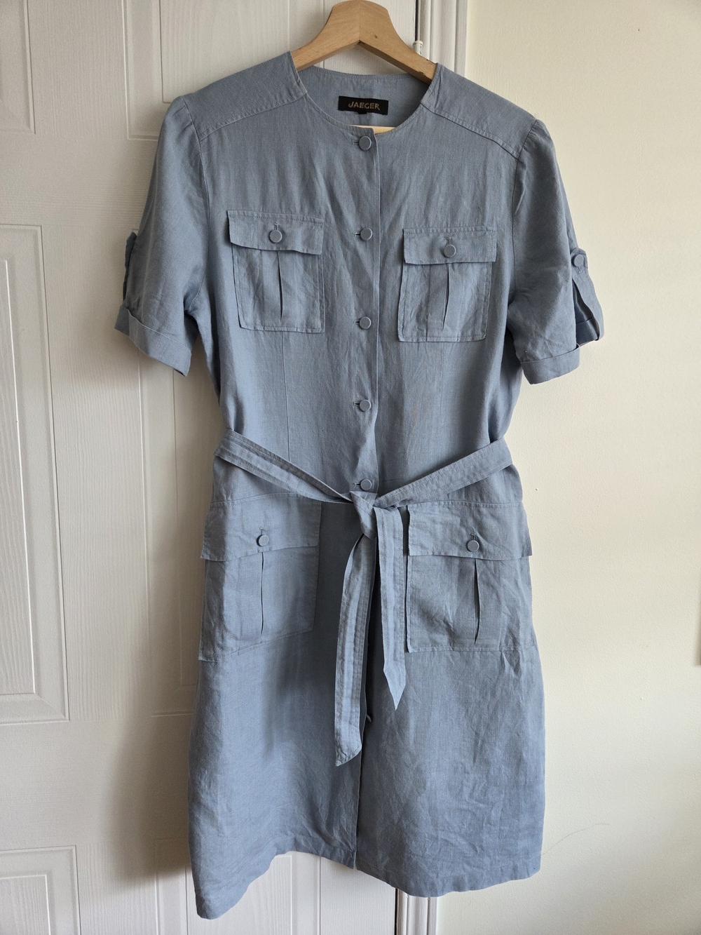 Elegant Chic Vintage Jaeger 100% Linen Blue Dress Medium Large